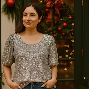 Cable & Gauge Silver Sequin Blouse Top Womens Lg Holiday Formal New Years Party